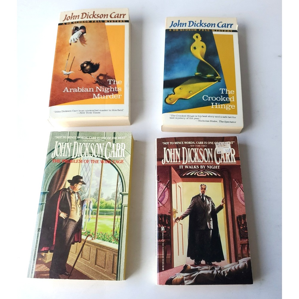 4 Vintage paperback mystery books John Dickson Carr Crooked Hinge NOS